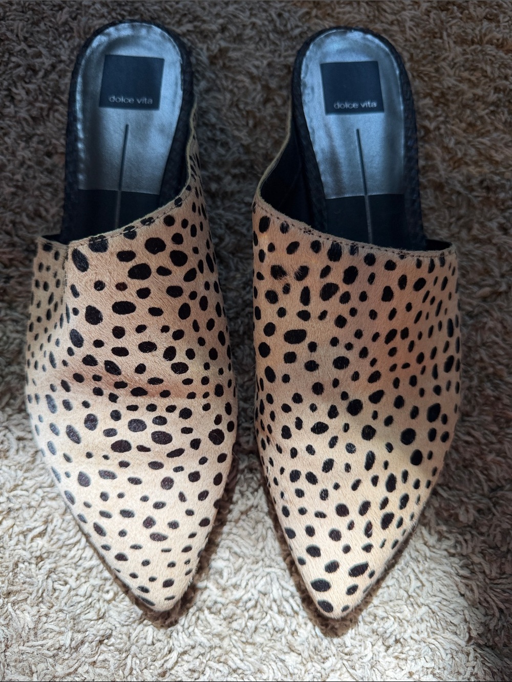 Dolce Vita Leopard Spot Pointed-Toe Mules in Tan and Black